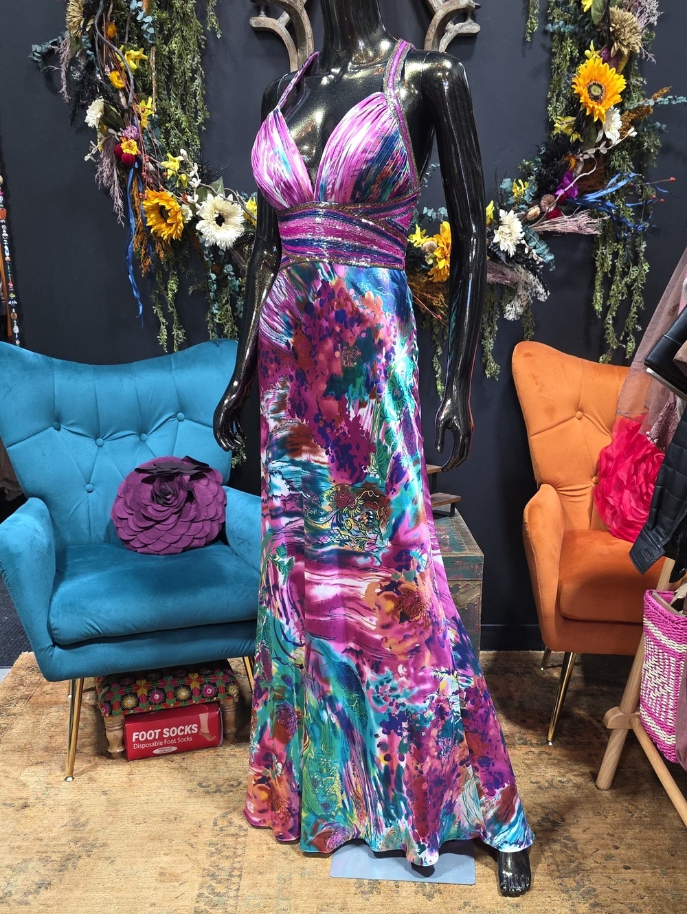 David's Bridal Multicolor Floral V-Neck Maxi Dress